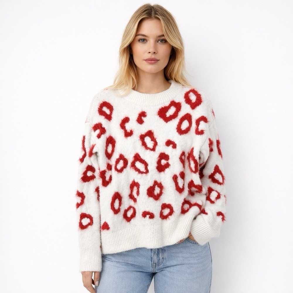 Lou & Grey‎ Women's Small Alpaca Blend Sweater Cream Red Leopard Cozy Chic Boho